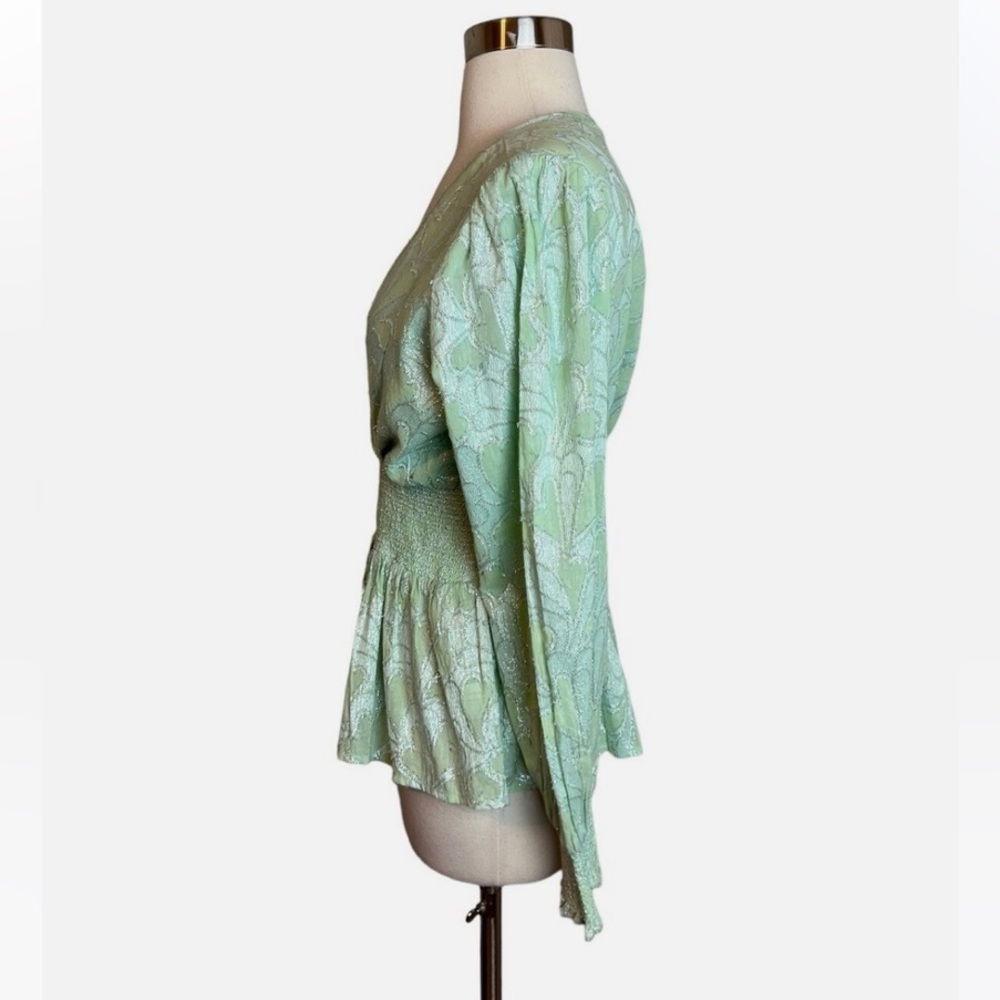 $118 Roller Rabbit Top Mint Green Metallic Jacquard V Neck Long Sleeve S - Picture 4 of 8